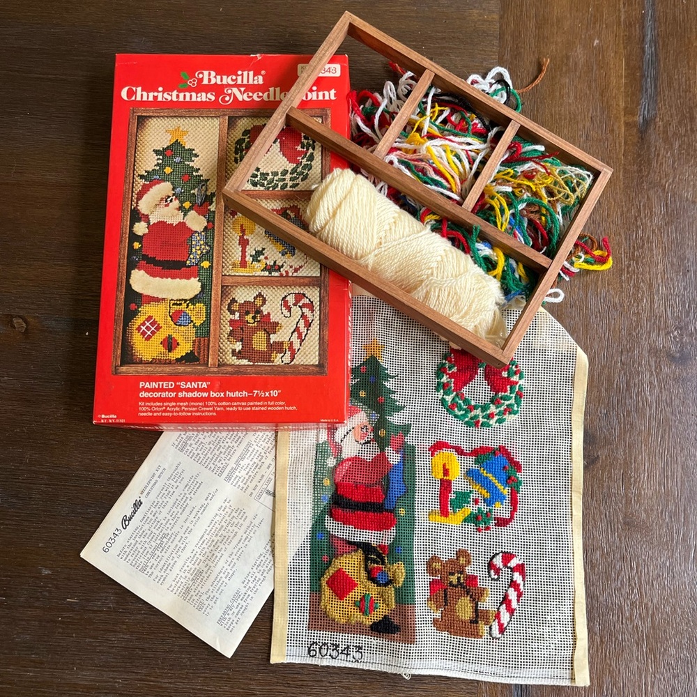 Bucilla | Christmas Needlepoint Shadow Box Kit | Partially Completed | Wood Box